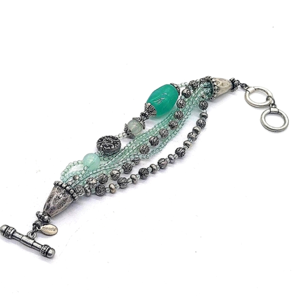 CHICO'S Cool Waters Antiqued Matte Silver Toggle Genuine Stone Bracelet - Picture 2 of 3